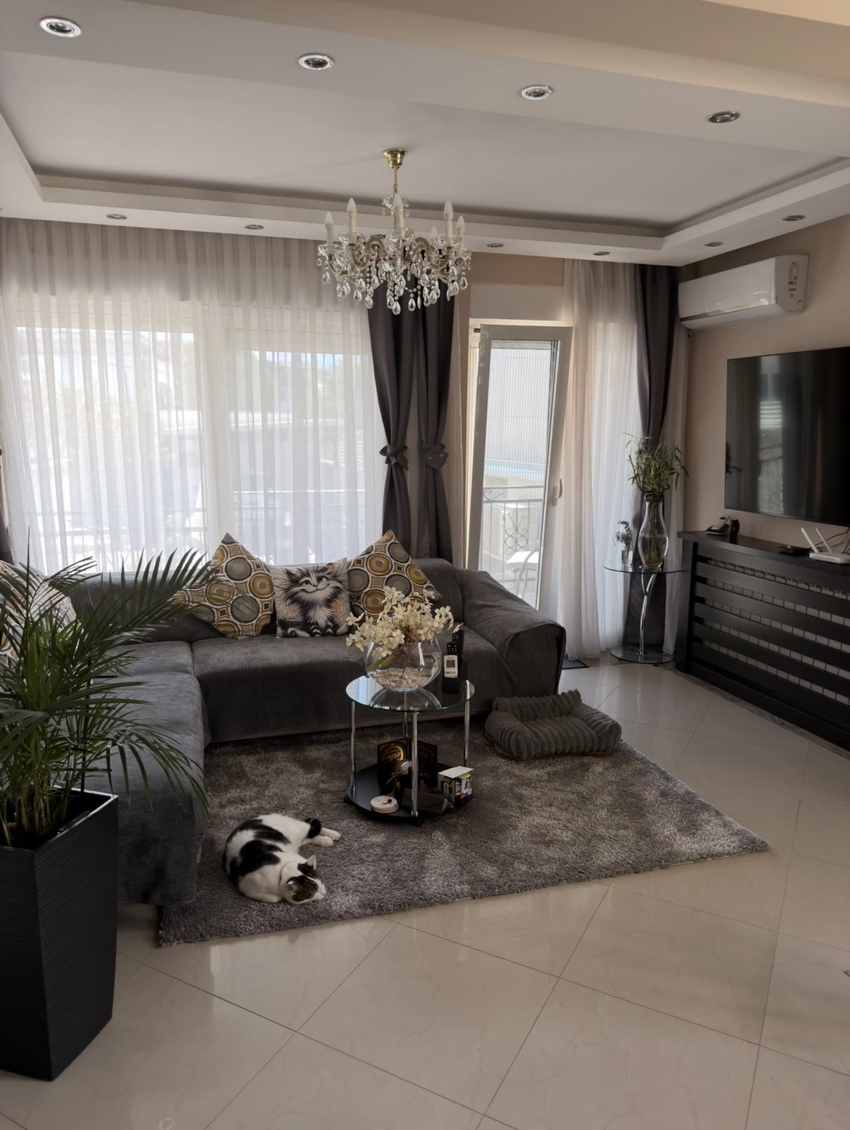 Elegant Tampa living room with chandelier detailed by Iconiq